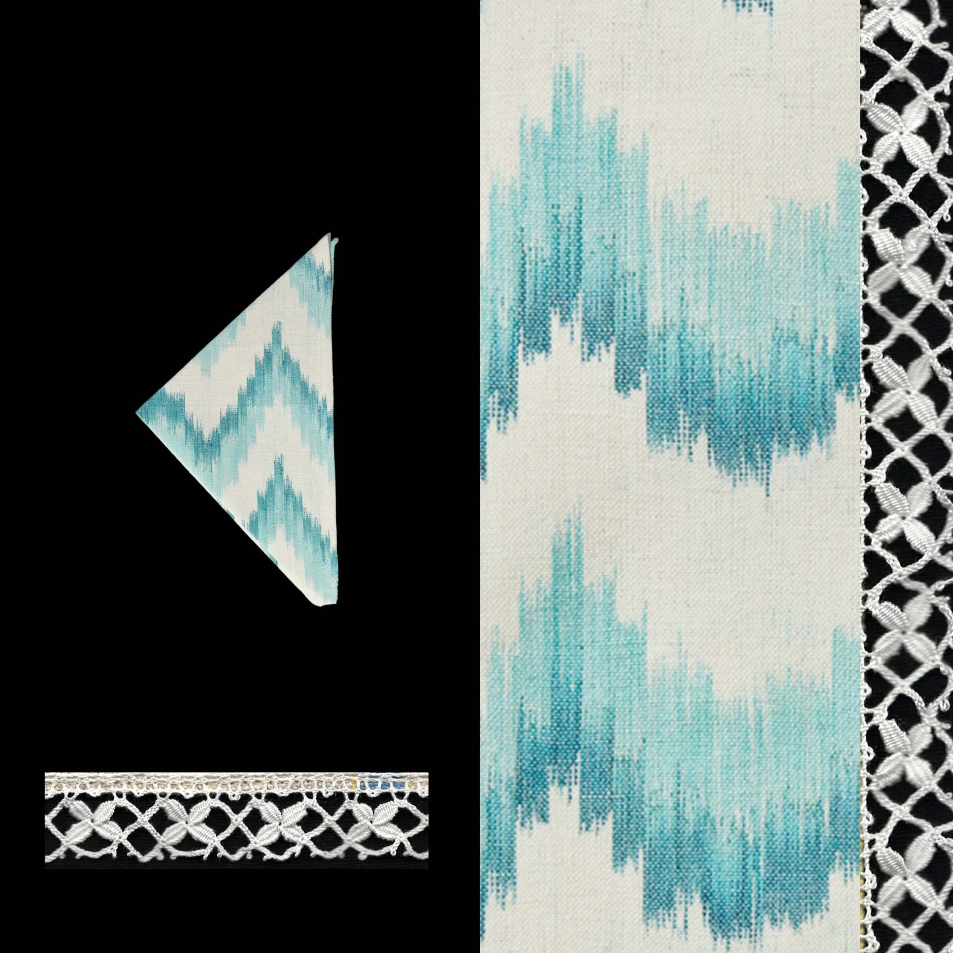 025 cocktail napkin ikat design linen cotton napkin Handcrafted by traditional artisans in Mallorca with bobbin lace from Camariñas turquoise