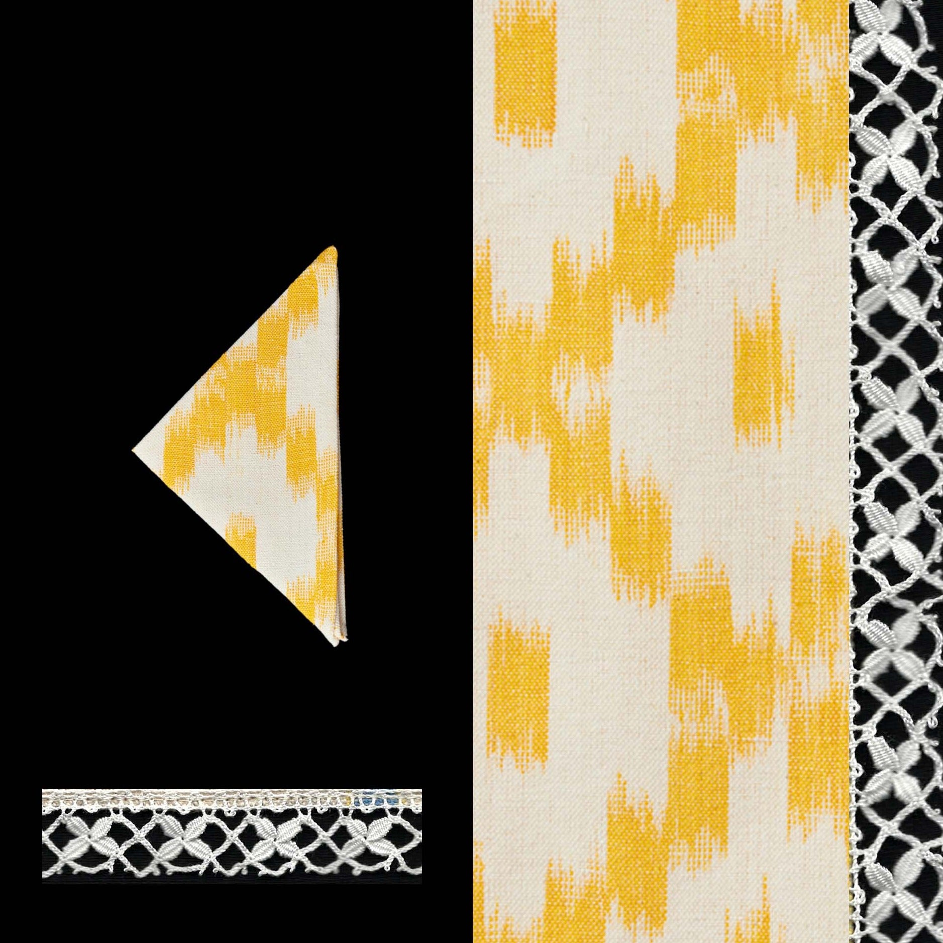 025 cocktail napkin ikat design linen cotton napkin Handcrafted by traditional artisans in Mallorca with bobbin lace from Camariñas yellow