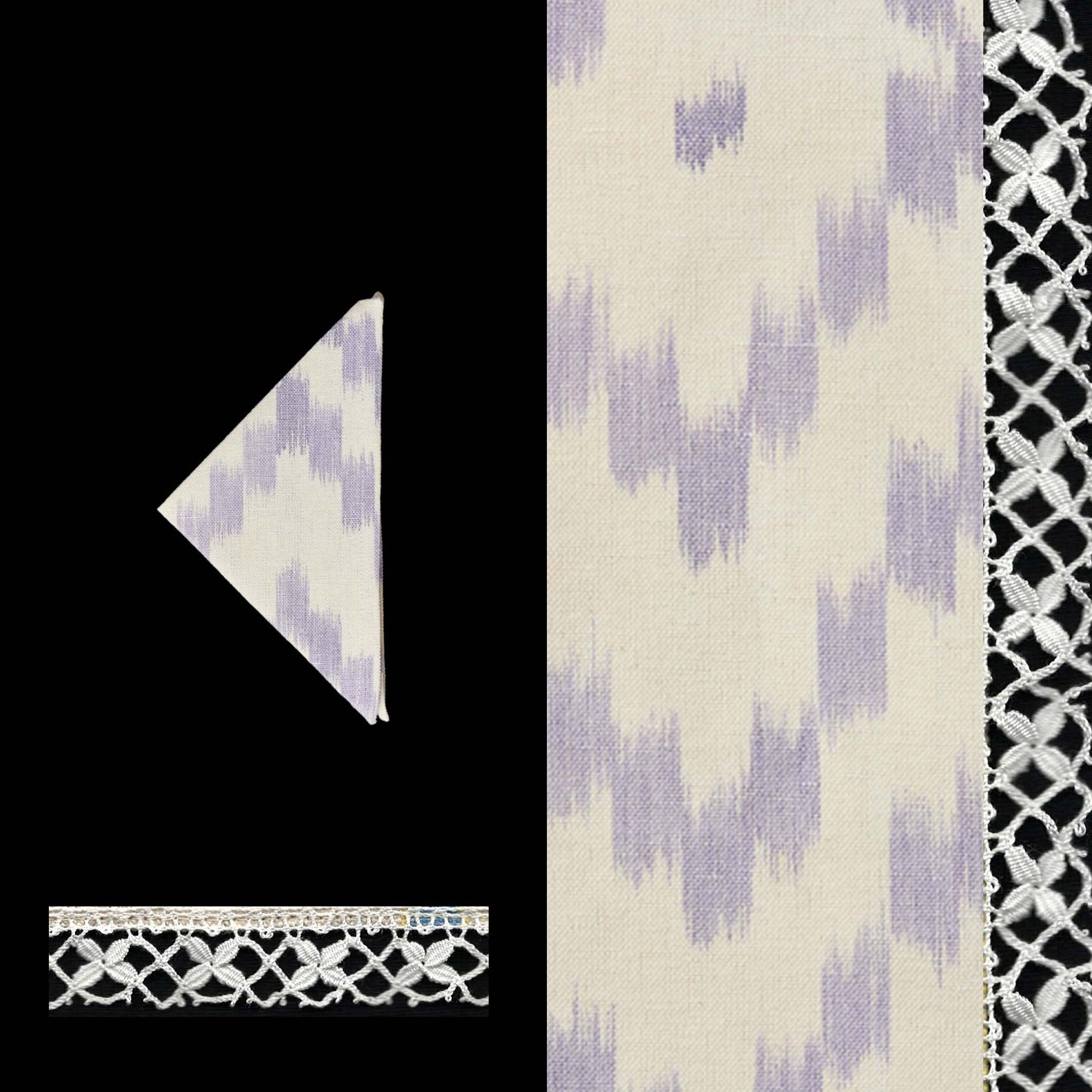 lilac coktail napkin ikat design linen cotton napkin Handcrafted by traditional artisans in Mallorca with bobbin lace from Camariñas