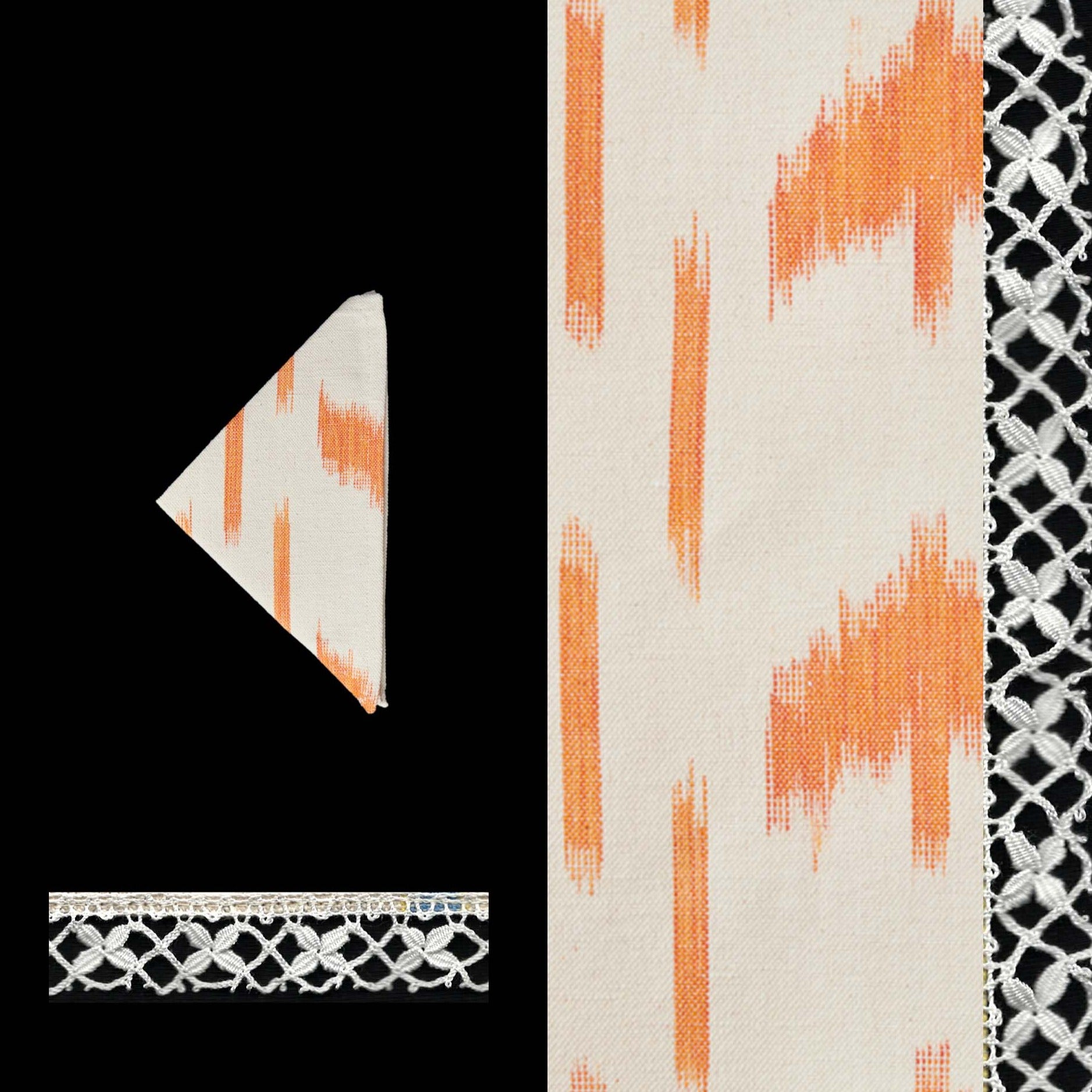 orange cocktail napkin ikat design linen cotton napkin Handcrafted by traditional artisans in Mallorca with bobbin lace from Camariñas

