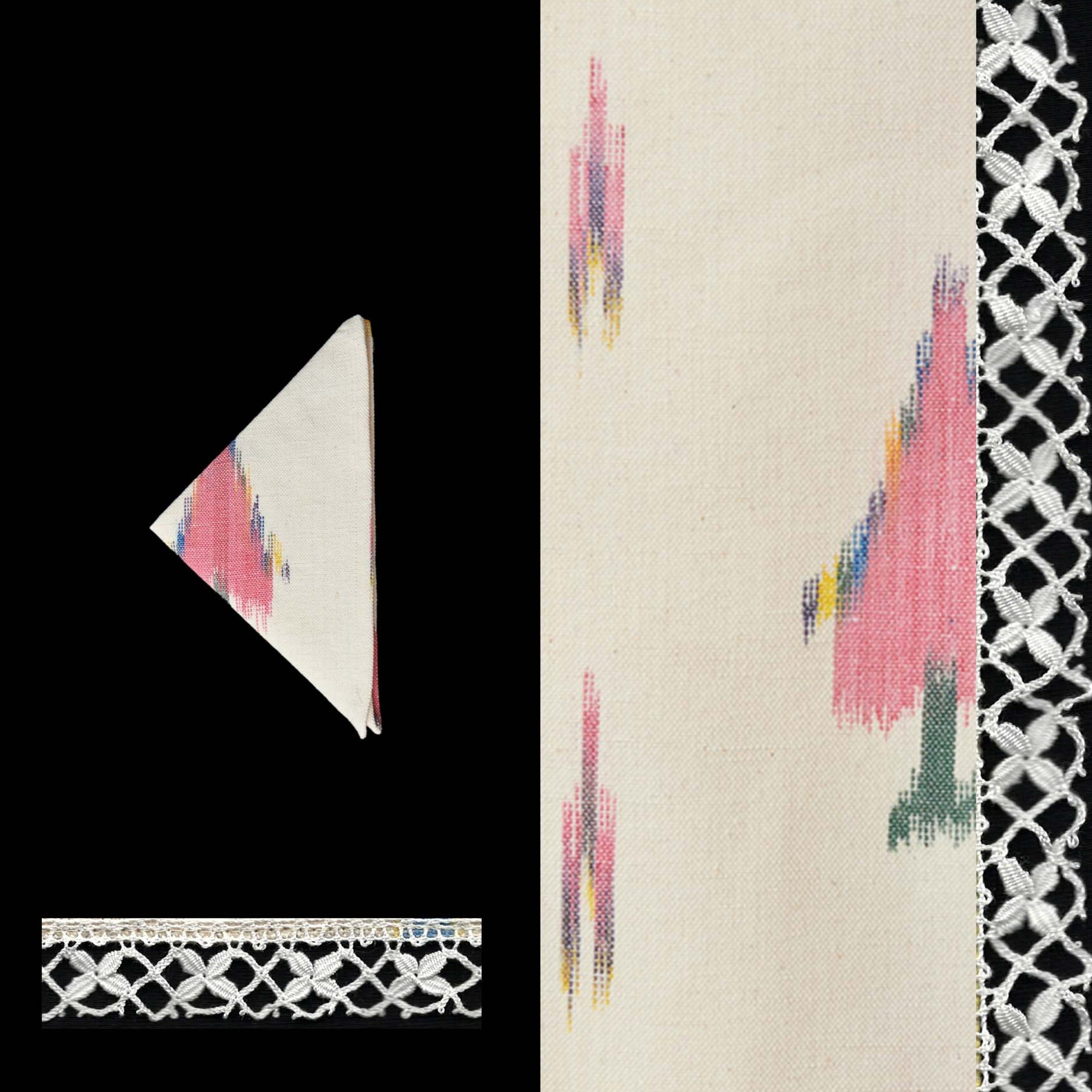 pink cocktail napkin ikat design linen cotton napkin Handcrafted by traditional artisans in Mallorca with bobbin lace from Camariñas