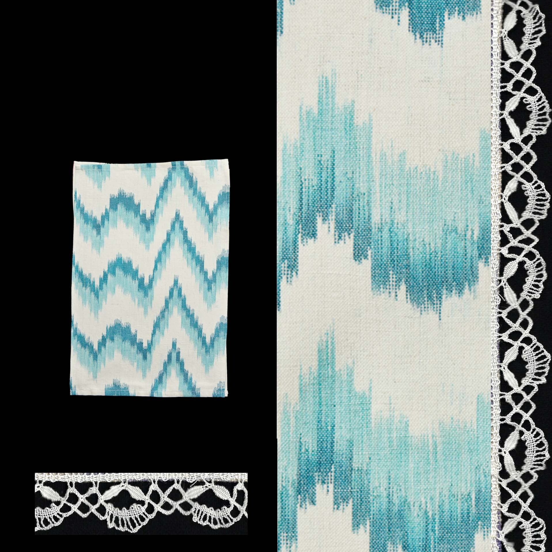 turquoise placemat ikat design roba de llengues linen cotton table runner handmade by traditional artisans in Mallorca with bobbin lace from Camariñas