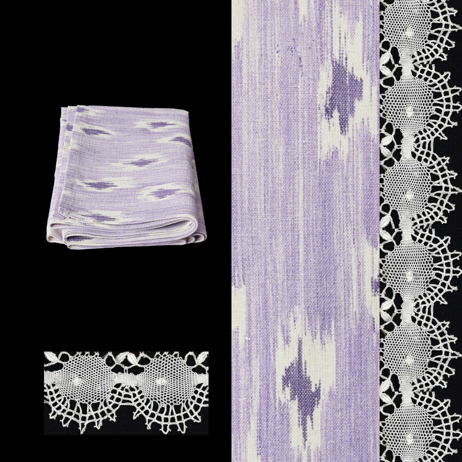 purple roba de llengues linen cotton table runner handmade by traditional artisans in Mallorca with bobbin lace from Camariñas