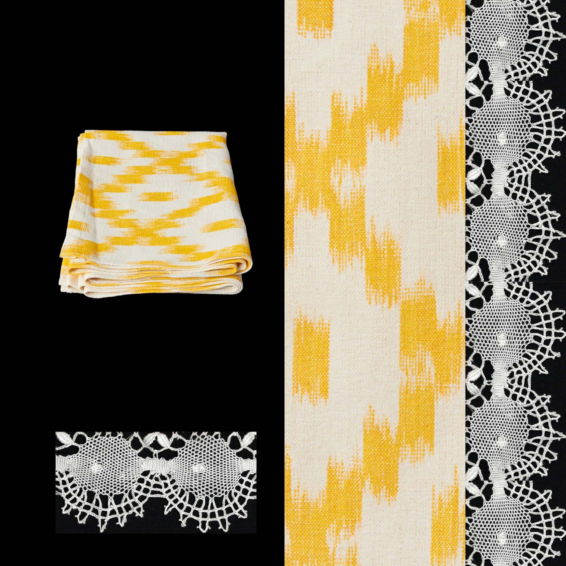 yellow short table runner ikat design roba de llengues linen cotton table runner handmade by traditional artisans in Mallorca with bobbin lace from Camariñas