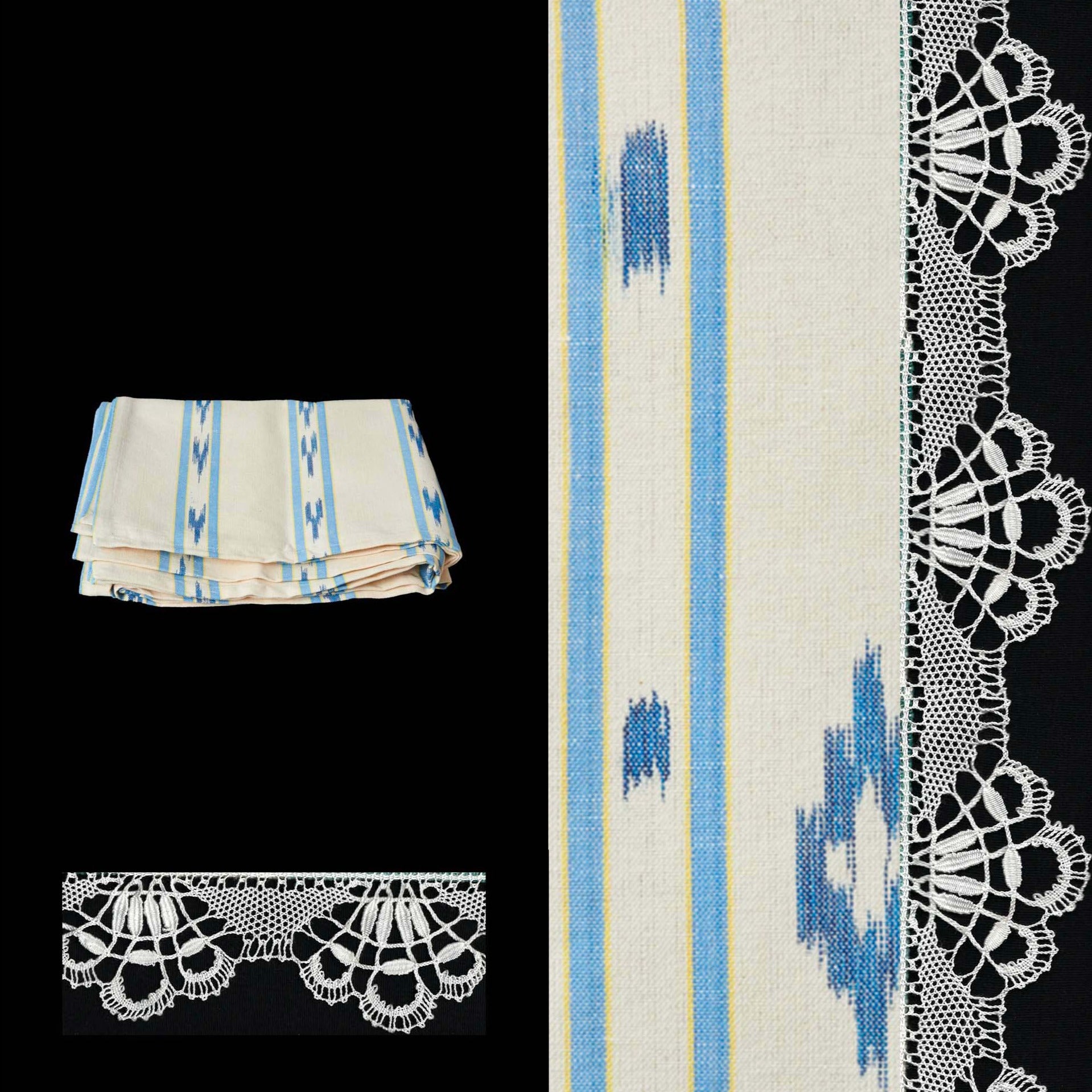 blue tablecloth ikat design roba de llengues linen cotton tablecloth handmade by traditional artisans in Mallorca with bobbin lace from Camariñas