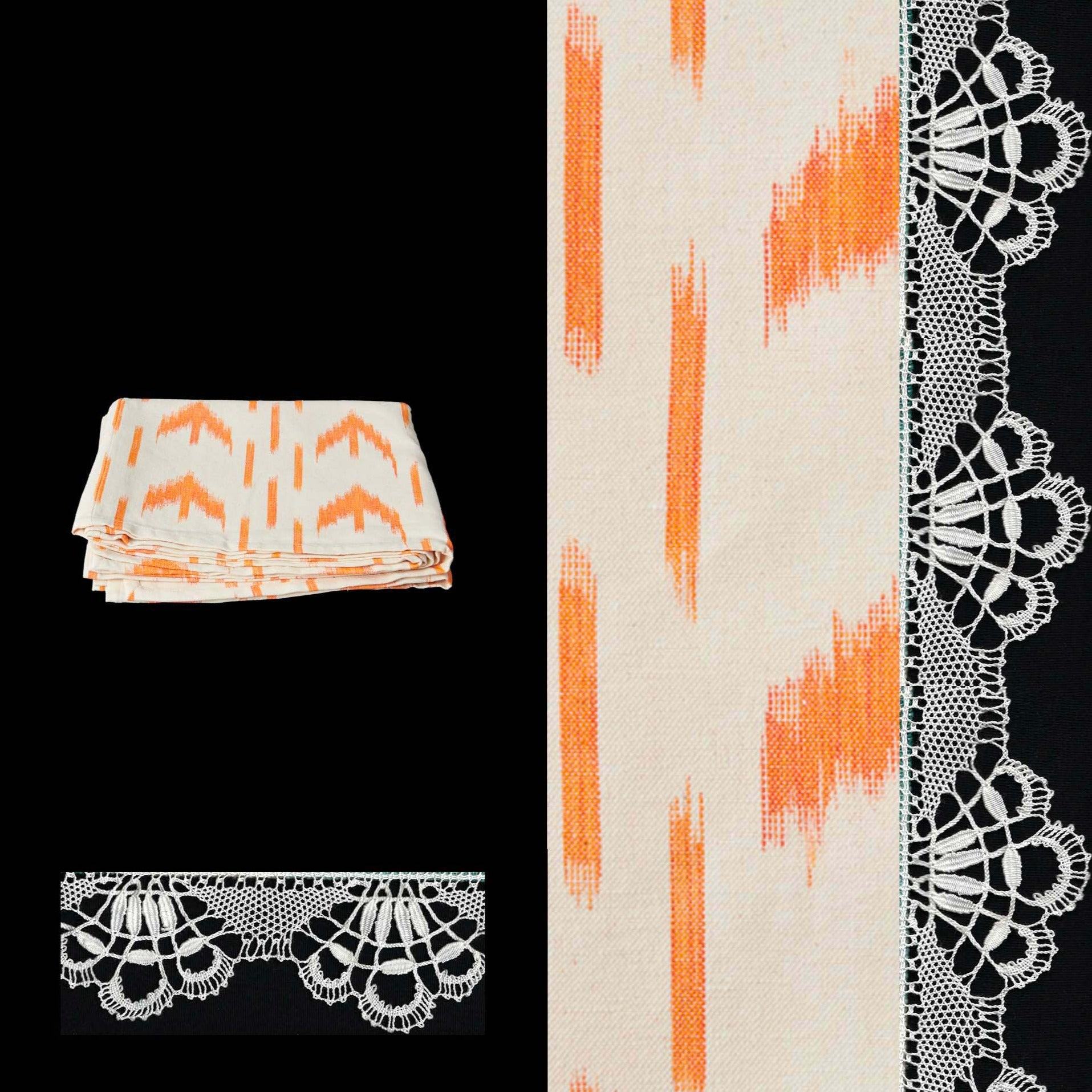 orange tablecloth ikat design roba de llengues linen cotton tablecloth handmade by traditional artisans in Mallorca with bobbin lace from Camariñas