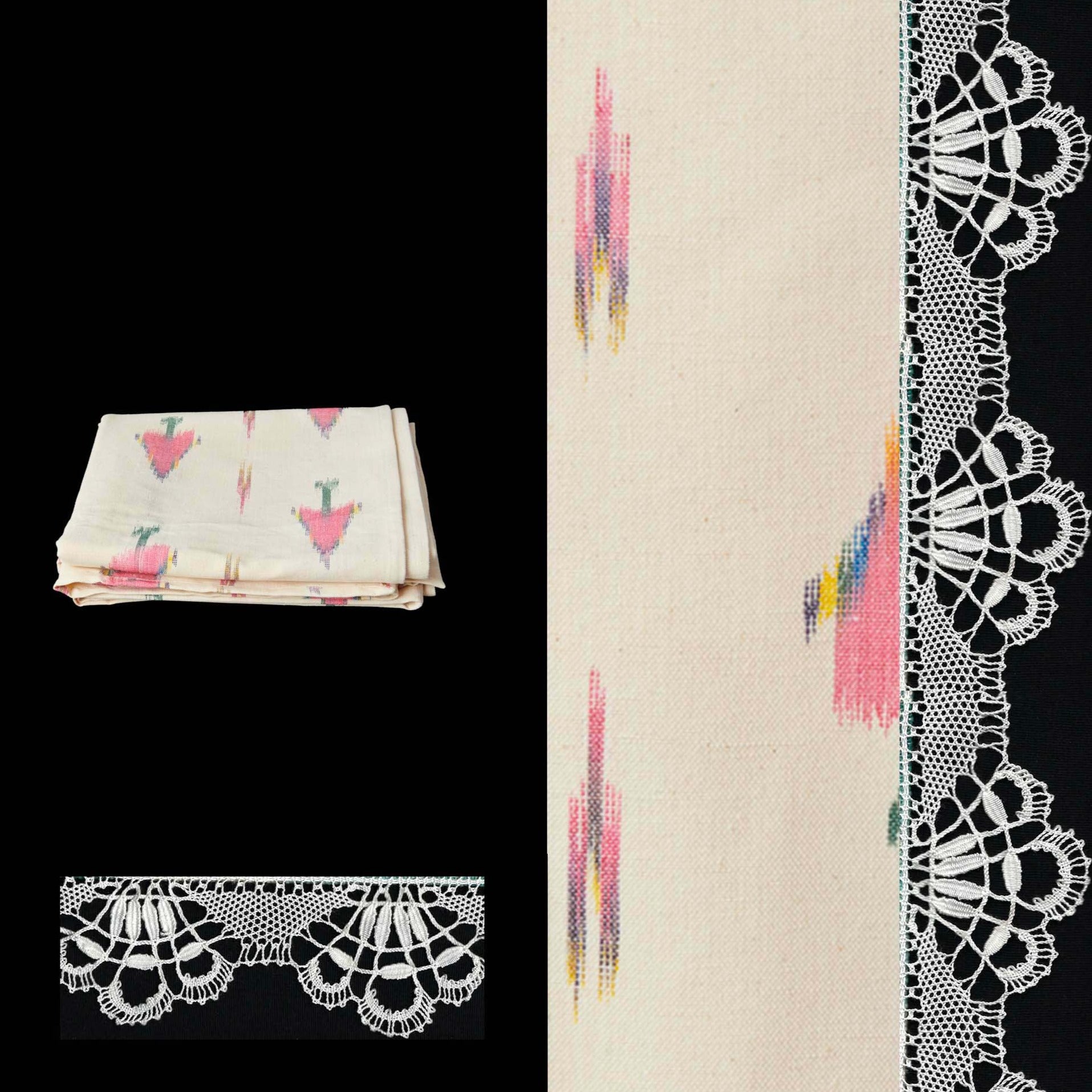 pink tablecloth ikat design roba de llengues linen cotton tablecloth handmade by traditional artisans in Mallorca with bobbin lace from Camariñas