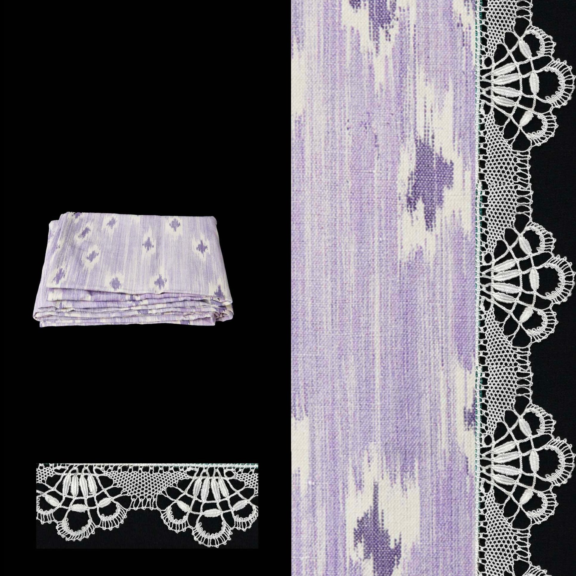 purple tablecloth ikat design roba de llengues linen cotton tablecloth handmade by traditional artisans in Mallorca with bobbin lace from Camariñas
