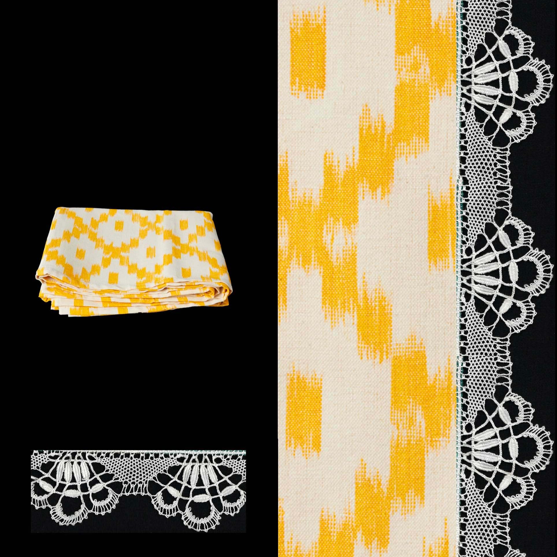 030 tablecloth ikat design roba de llengues linen cotton tablecloth handmade by traditional artisans in Mallorca bobbin lace camariñas yellow